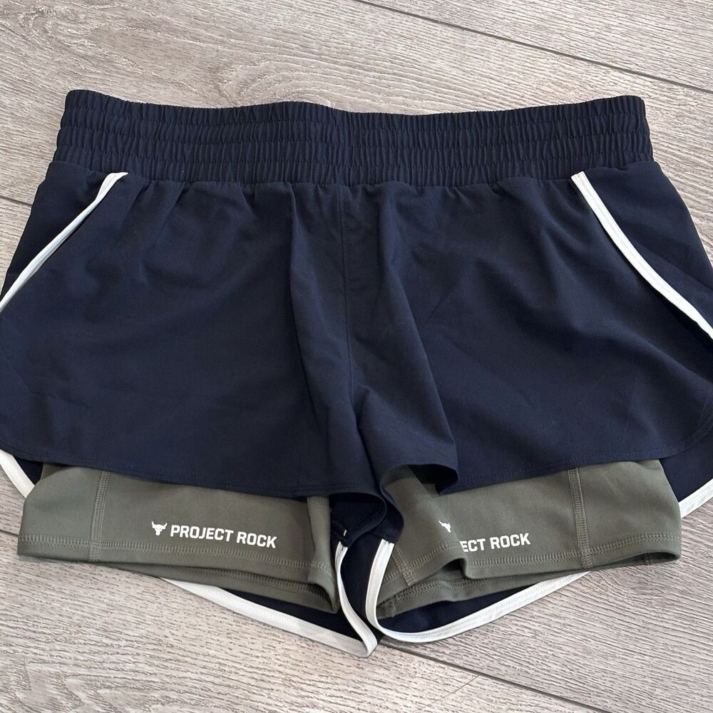 Project Rock Flex Woven Leg Day Shorts Womens Large Black Green Workout‎ 2 In 1